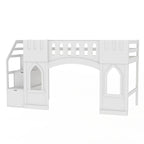 Cama Alta Infantil Blanca de Madera Maciza con Escalera de Almacenamiento y Ventana
