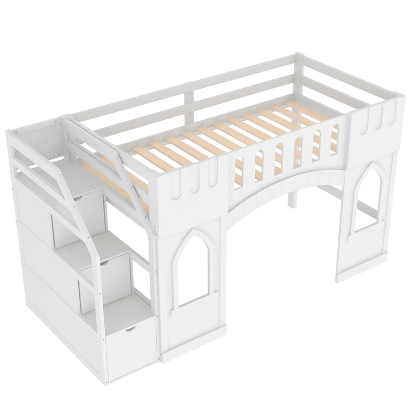 Cama Alta Infantil Blanca de Madera Maciza con Escalera de Almacenamiento y Ventana