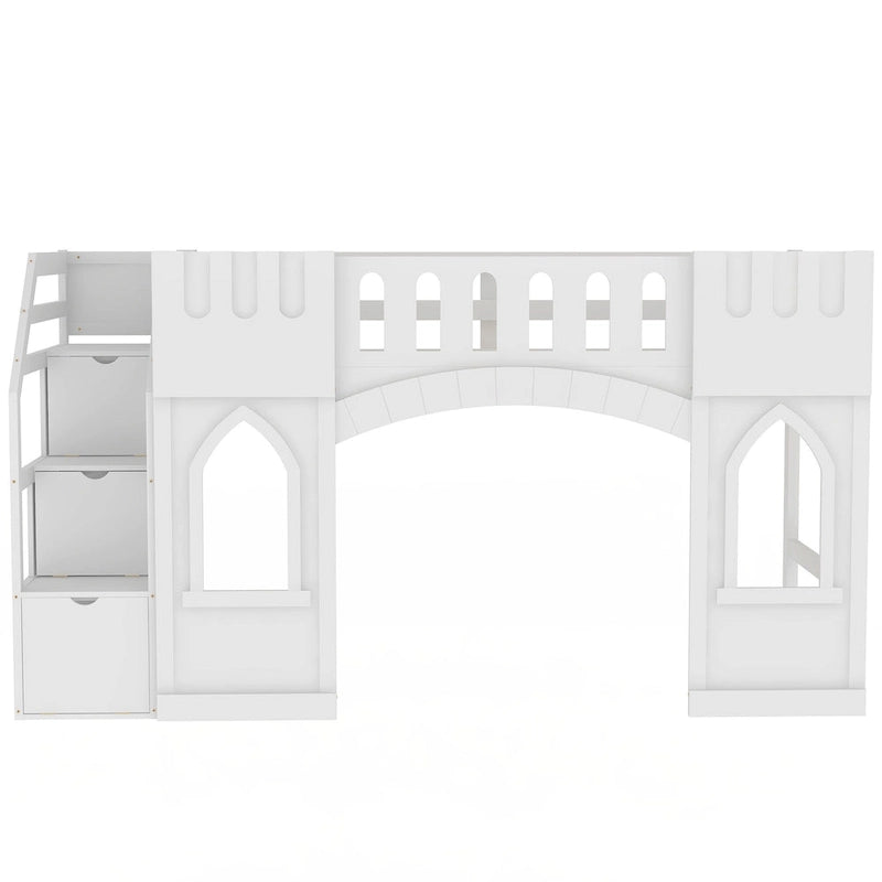 Cama Alta Infantil Blanca de Madera Maciza con Escalera de Almacenamiento y Ventana