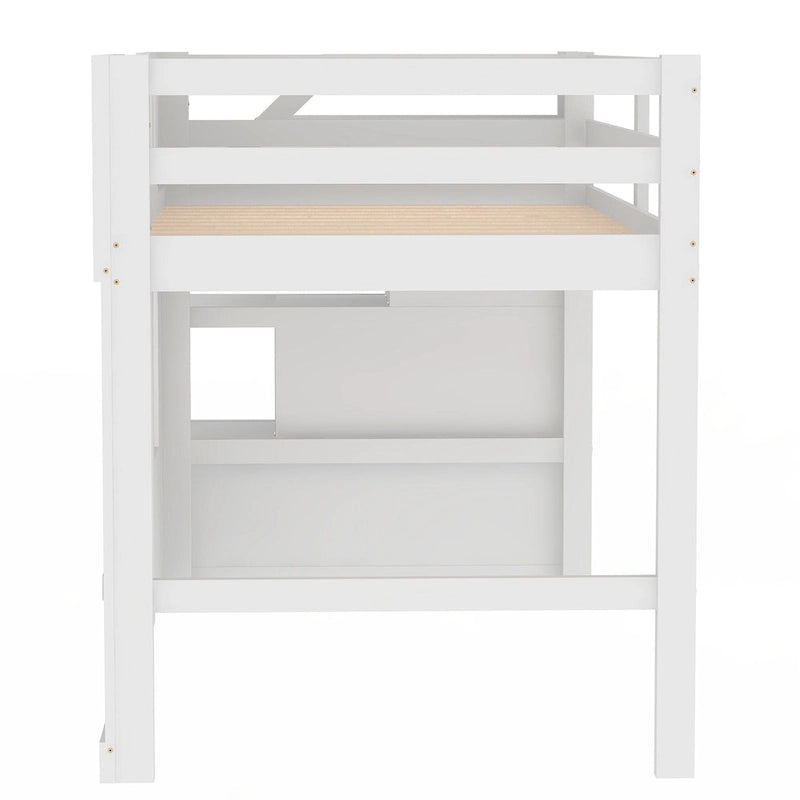 Cama Alta Infantil Blanca de Madera Maciza con Escalera de Almacenamiento y Ventana