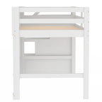 Cama Alta Infantil Blanca de Madera Maciza con Escalera de Almacenamiento y Ventana