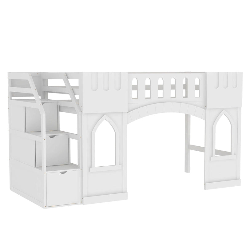 Cama Alta Infantil Blanca de Madera Maciza con Escalera de Almacenamiento y Ventana