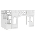 Cama Alta Infantil Blanca de Madera Maciza con Escalera de Almacenamiento y Ventana