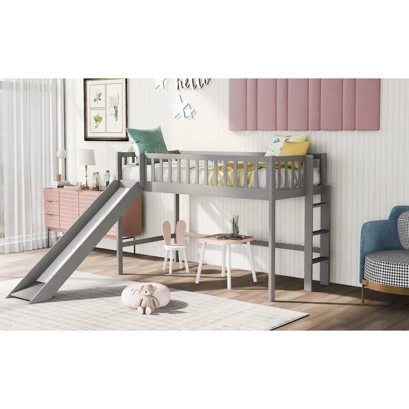 Cama nido baja de madera gris tamaño individual con tobogán | Muebles divertidos para dormitorios infantiles