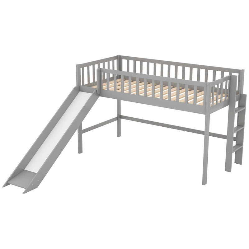 Cama nido baja de madera gris tamaño individual con tobogán | Muebles divertidos para dormitorios infantiles