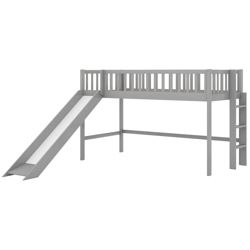 Cama nido baja de madera gris tamaño individual con tobogán | Muebles divertidos para dormitorios infantiles