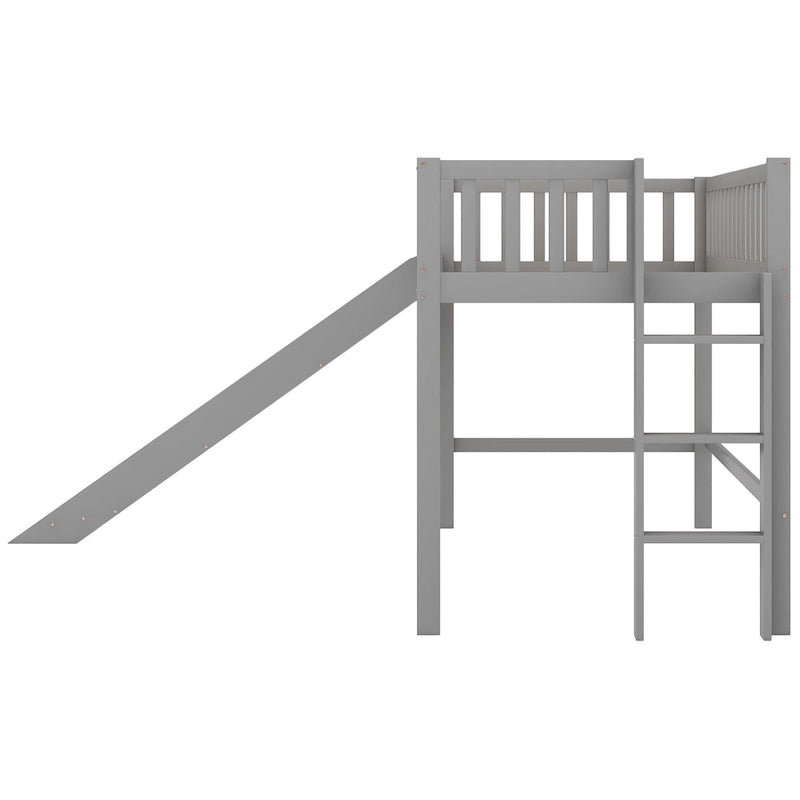 Cama nido baja de madera gris tamaño individual con tobogán | Muebles divertidos para dormitorios infantiles