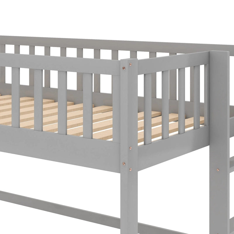 Cama nido baja de madera gris tamaño individual con tobogán | Muebles divertidos para dormitorios infantiles