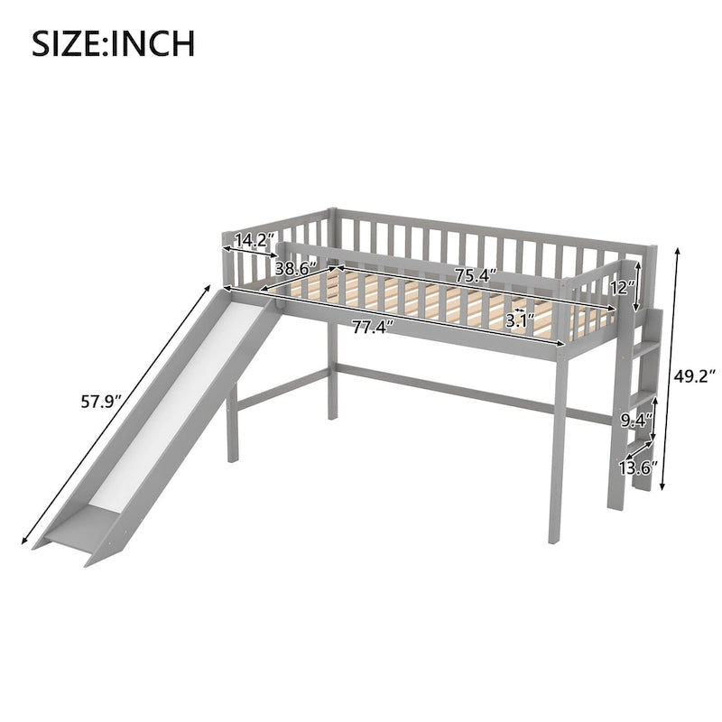Cama nido baja de madera gris tamaño individual con tobogán | Muebles divertidos para dormitorios infantiles