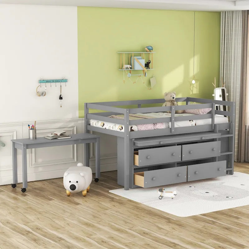 Cama alta individual de madera maciza gris con escritorio retráctil y cajones | Ahorro de espacio