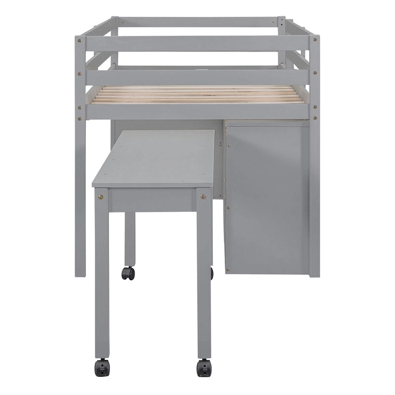 Cama alta individual de madera maciza gris con escritorio retráctil y cajones | Ahorro de espacio