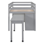 Cama alta individual de madera maciza gris con escritorio retráctil y cajones | Ahorro de espacio