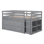 Cama alta individual de madera maciza gris con escritorio retráctil y cajones | Ahorro de espacio