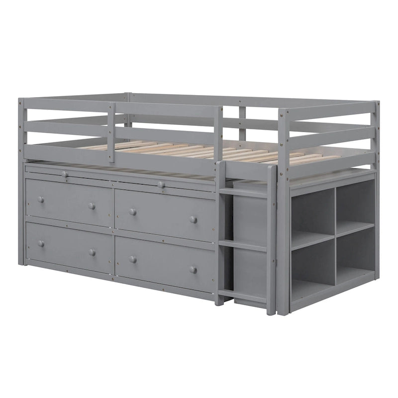 Cama alta individual de madera maciza gris con escritorio retráctil y cajones | Ahorro de espacio