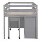 Cama alta individual de madera maciza gris con escritorio retráctil y cajones | Ahorro de espacio