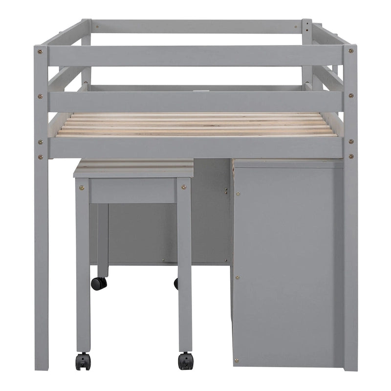 Cama alta individual de madera maciza gris con escritorio retráctil y cajones | Ahorro de espacio