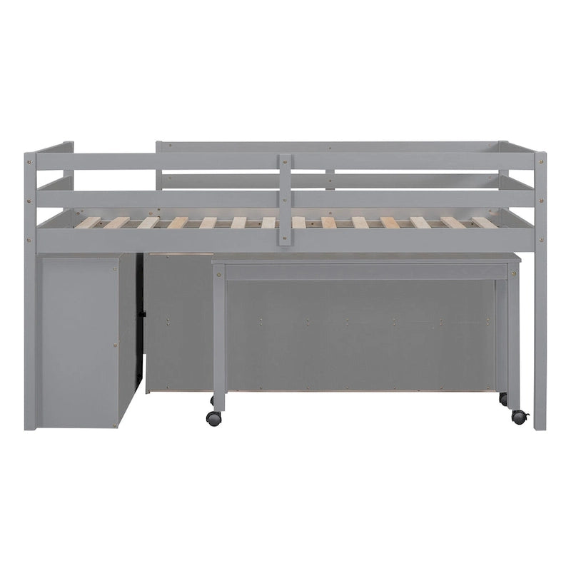 Cama alta individual de madera maciza gris con escritorio retráctil y cajones | Ahorro de espacio