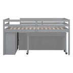 Cama alta individual de madera maciza gris con escritorio retráctil y cajones | Ahorro de espacio