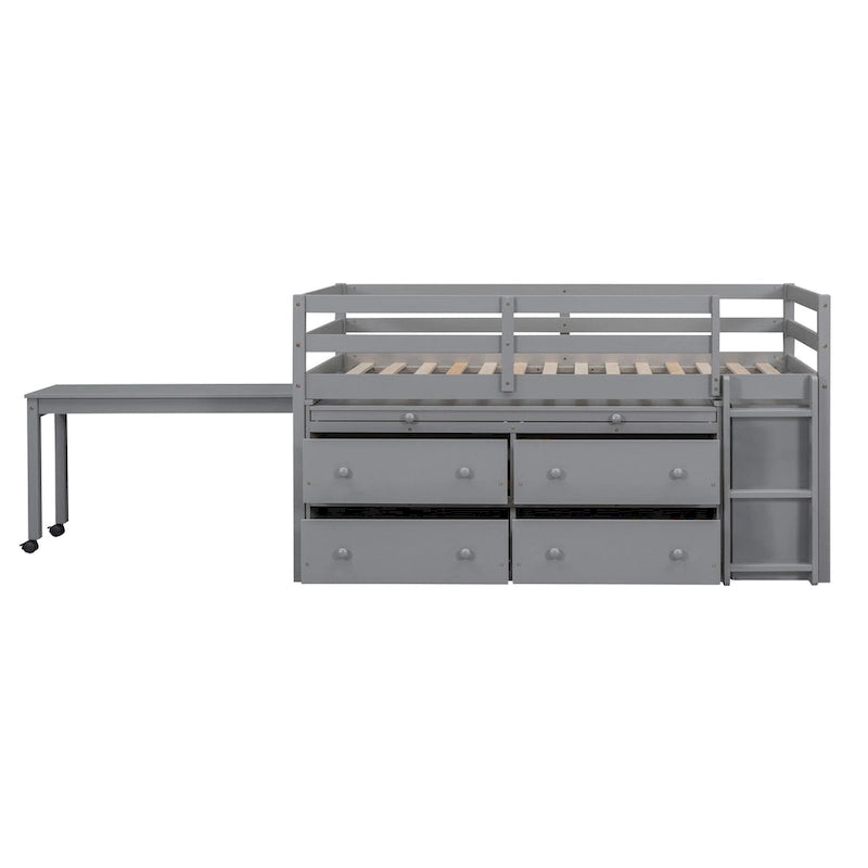 Cama alta individual de madera maciza gris con escritorio retráctil y cajones | Ahorro de espacio