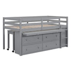 Cama alta individual de madera maciza gris con escritorio retráctil y cajones | Ahorro de espacio