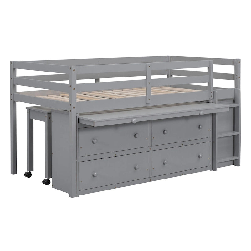 Cama alta individual de madera maciza gris con escritorio retráctil y cajones | Ahorro de espacio