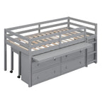 Cama alta individual de madera maciza gris con escritorio retráctil y cajones | Ahorro de espacio