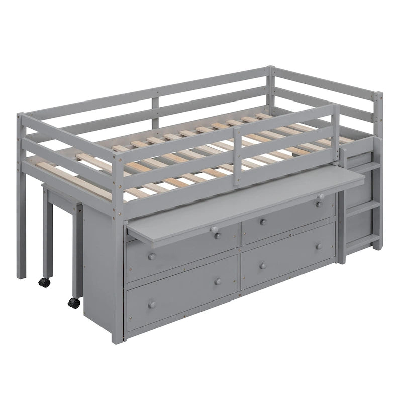 Cama alta individual de madera maciza gris con escritorio retráctil y cajones | Ahorro de espacio
