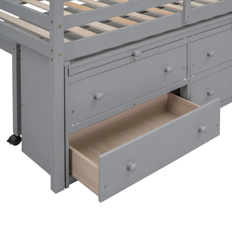 Cama alta individual de madera maciza gris con escritorio retráctil y cajones | Ahorro de espacio
