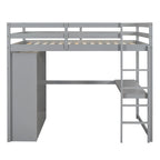 Cama alta gris de madera maciza tamaño completo con armario, escritorio, estantes de 2 niveles y 3 cajones
