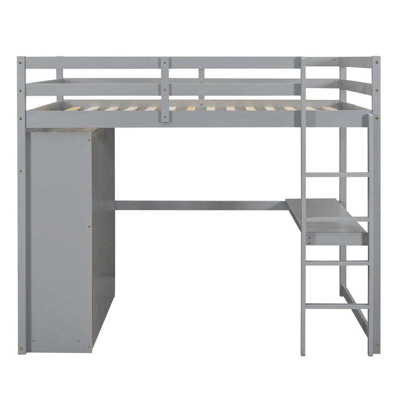 Cama alta gris de madera maciza tamaño completo con armario, escritorio, estantes de 2 niveles y 3 cajones