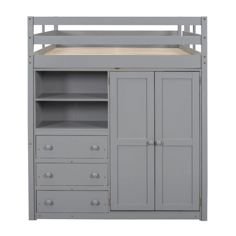 Cama alta gris de madera maciza tamaño completo con armario, escritorio, estantes de 2 niveles y 3 cajones