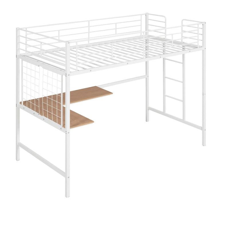 Cama alta doble metálica blanca con escritorio, escalera, rejilla metálica y 20 listones | Niños y adolescentes
