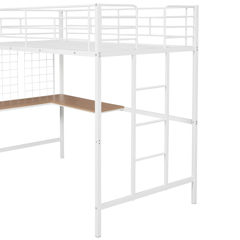 Cama alta doble metálica blanca con escritorio, escalera, rejilla metálica y 20 listones | Niños y adolescentes