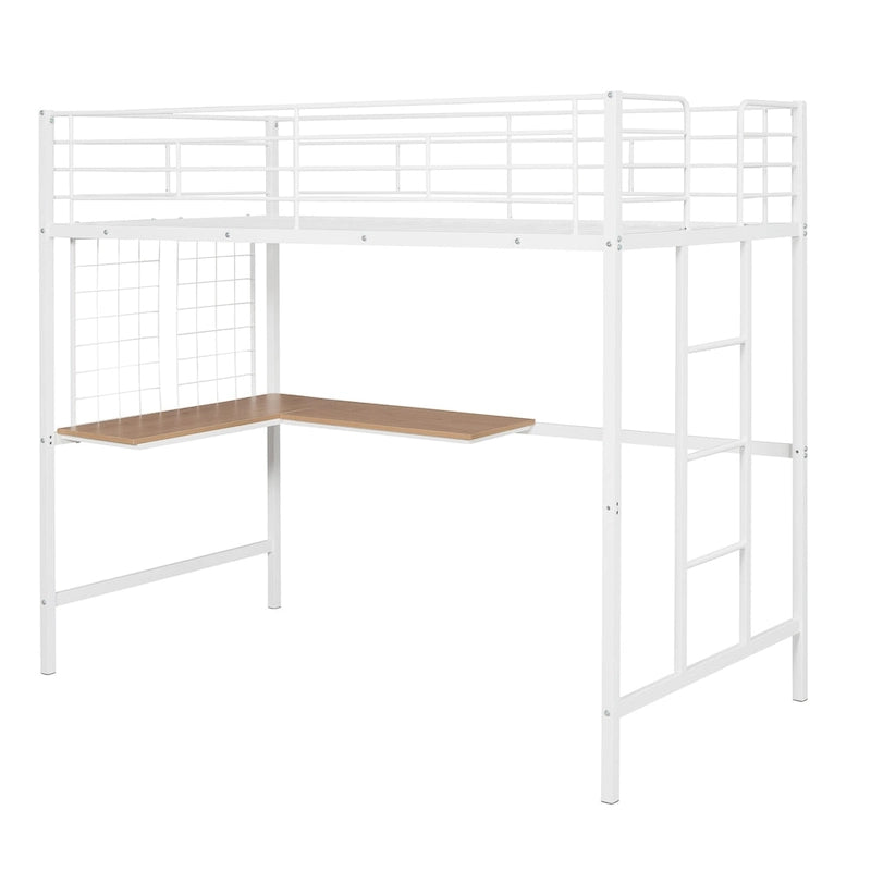 Cama alta doble metálica blanca con escritorio, escalera, rejilla metálica y 20 listones | Niños y adolescentes