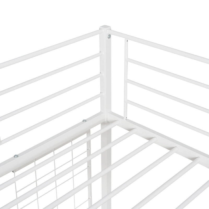Cama alta doble metálica blanca con escritorio, escalera, rejilla metálica y 20 listones | Niños y adolescentes