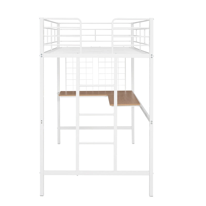 Cama alta doble metálica blanca con escritorio, escalera, rejilla metálica y 20 listones | Niños y adolescentes