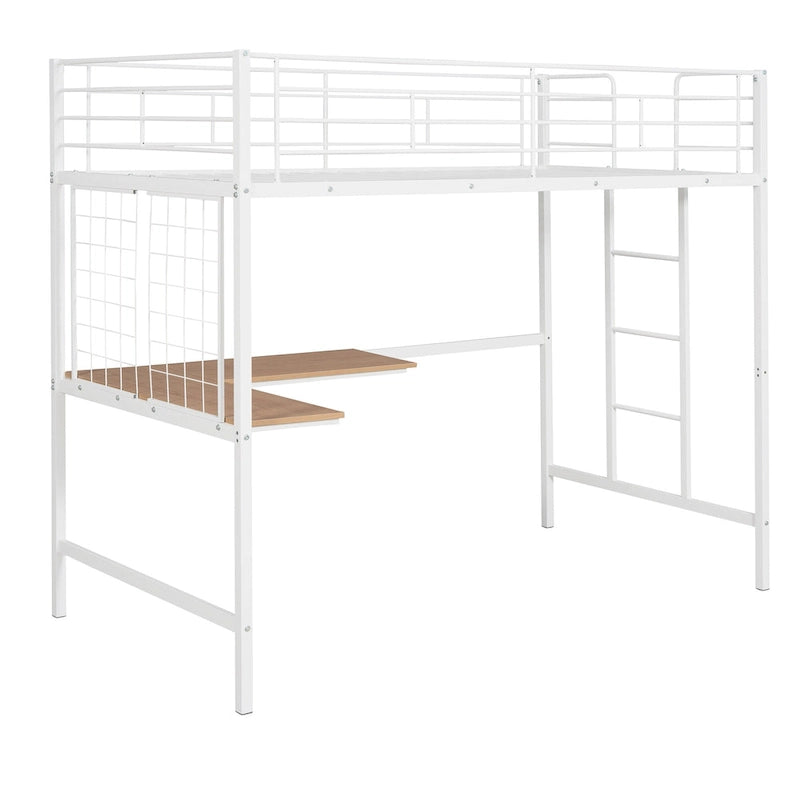 Cama alta doble metálica blanca con escritorio, escalera, rejilla metálica y 20 listones | Niños y adolescentes