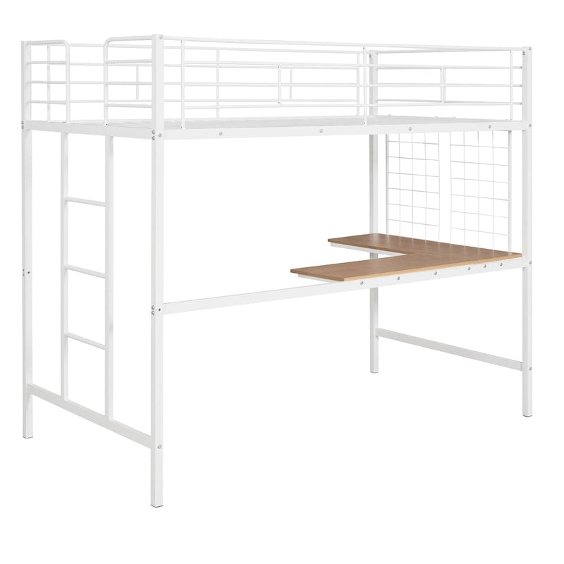 Cama alta doble metálica blanca con escritorio, escalera, rejilla metálica y 20 listones | Niños y adolescentes