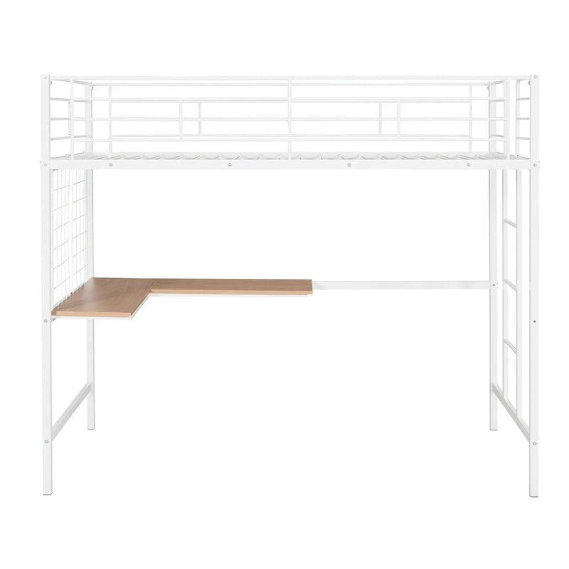 Cama alta doble metálica blanca con escritorio, escalera, rejilla metálica y 20 listones | Niños y adolescentes