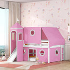 Cama alta de madera rosa tamaño matrimonial con tobogán y tienda de campaña | Habitación infantil de niñas