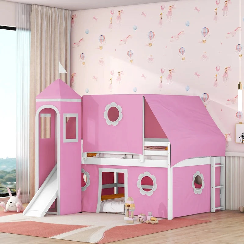 Cama alta de madera rosa tamaño matrimonial con tobogán y tienda de campaña | Habitación infantil de niñas