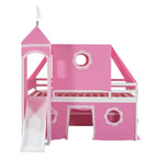 Cama alta de madera rosa tamaño matrimonial con tobogán y tienda de campaña | Habitación infantil de niñas