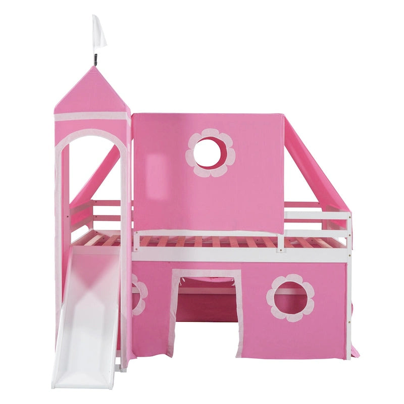 Cama alta de madera rosa tamaño matrimonial con tobogán y tienda de campaña | Habitación infantil de niñas