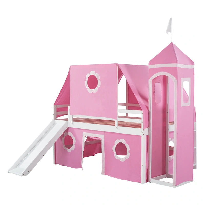 Cama alta de madera rosa tamaño matrimonial con tobogán y tienda de campaña | Habitación infantil de niñas