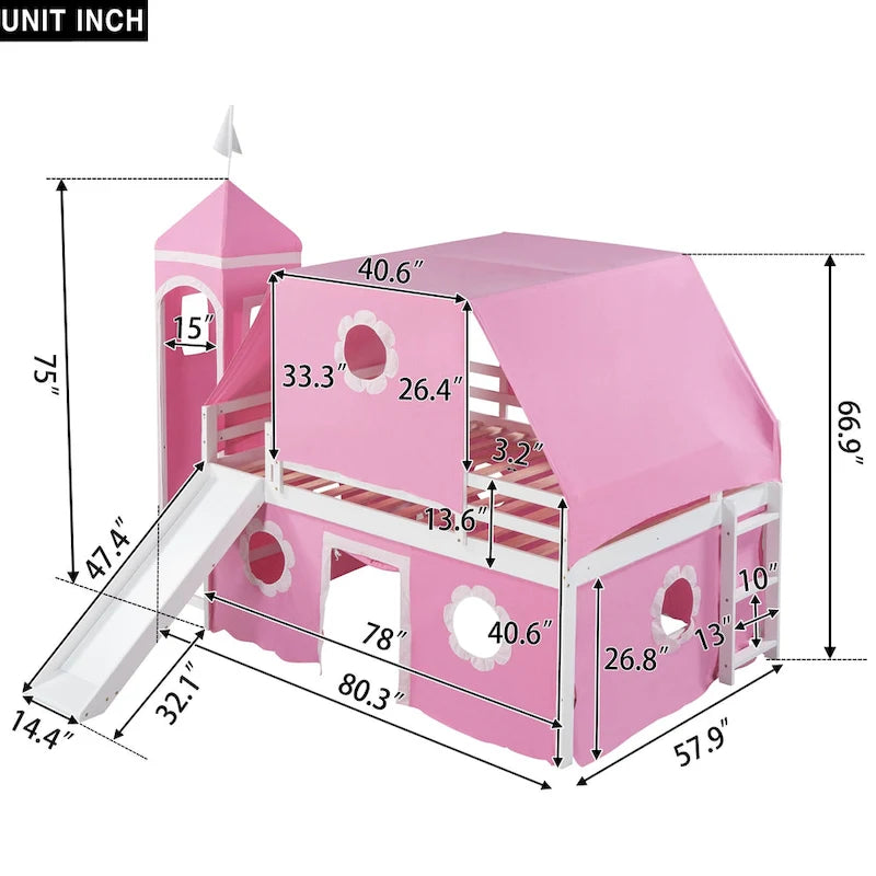 Cama alta de madera rosa tamaño matrimonial con tobogán y tienda de campaña | Habitación infantil de niñas
