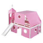 Cama alta de madera rosa tamaño matrimonial con tobogán y tienda de campaña | Habitación infantil de niñas
