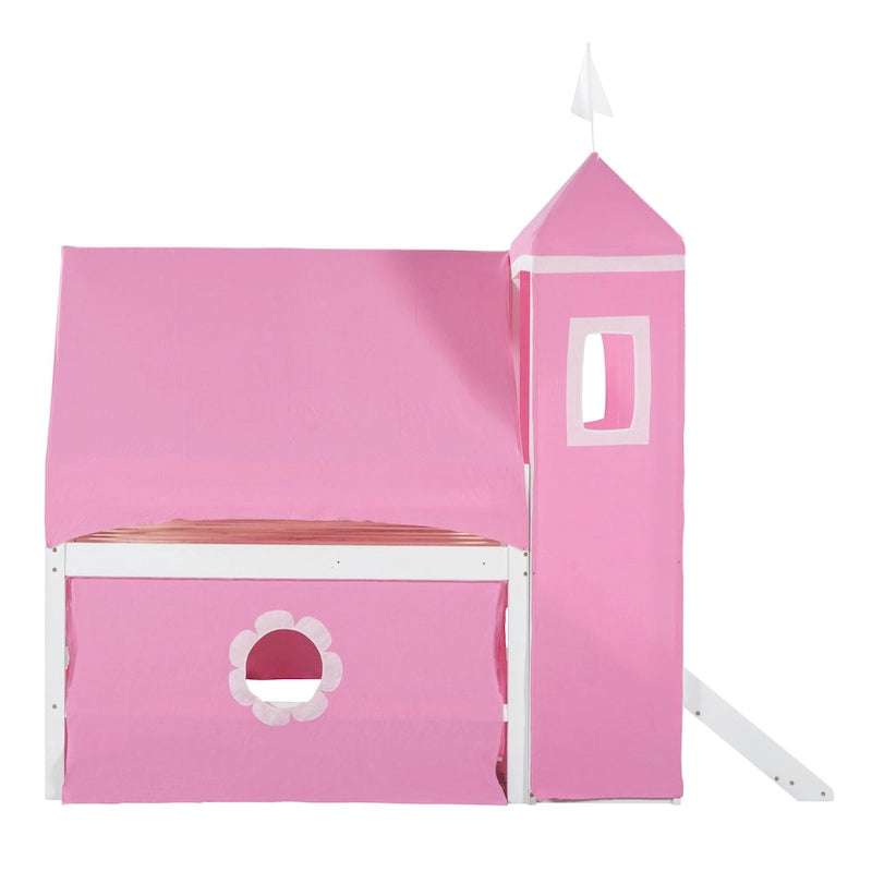 Cama alta de madera rosa tamaño matrimonial con tobogán y tienda de campaña | Habitación infantil de niñas