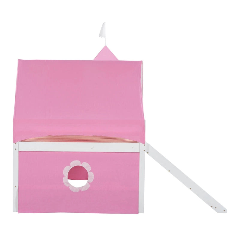Cama alta de madera rosa tamaño matrimonial con tobogán y tienda de campaña | Habitación infantil de niñas