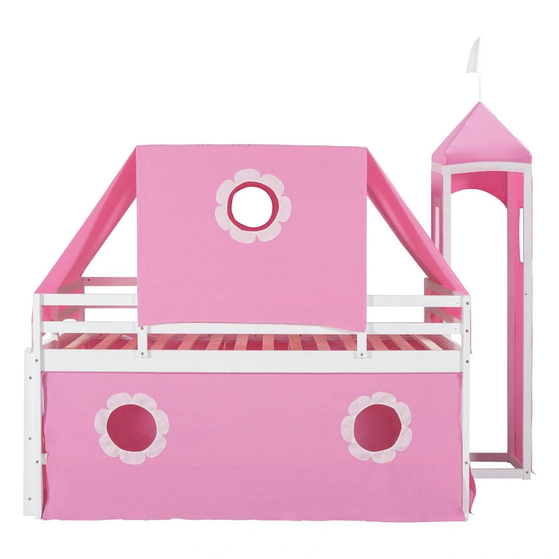 Cama alta de madera rosa tamaño matrimonial con tobogán y tienda de campaña | Habitación infantil de niñas