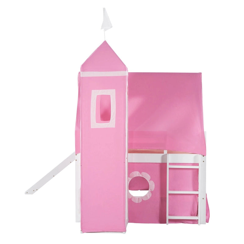 Cama alta de madera rosa tamaño matrimonial con tobogán y tienda de campaña | Habitación infantil de niñas